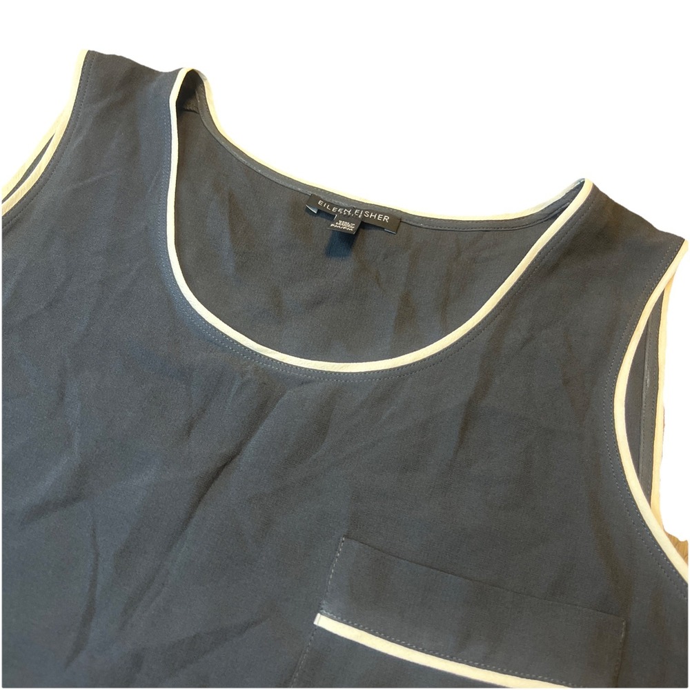 Eileen Fisher Silk Georgette Crepe Scoop Neck Tank Graphite Size Petite Medium